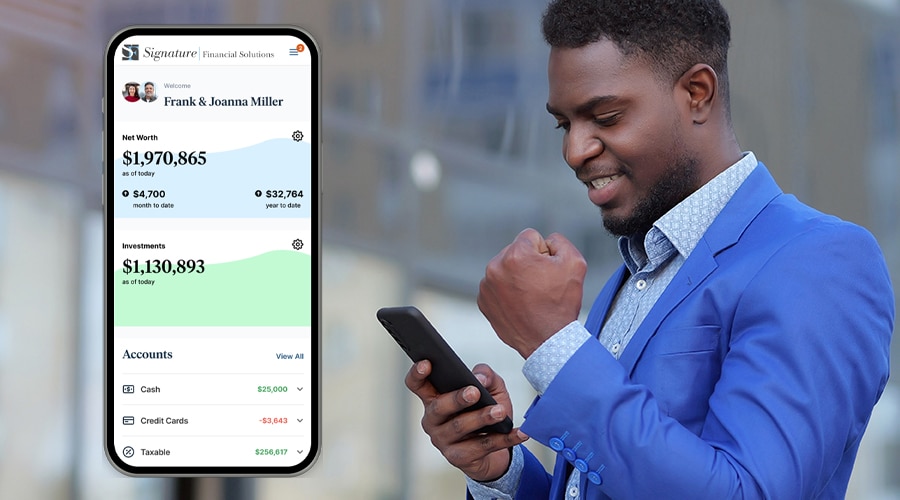 Client reviewing investments on a laptop and phone