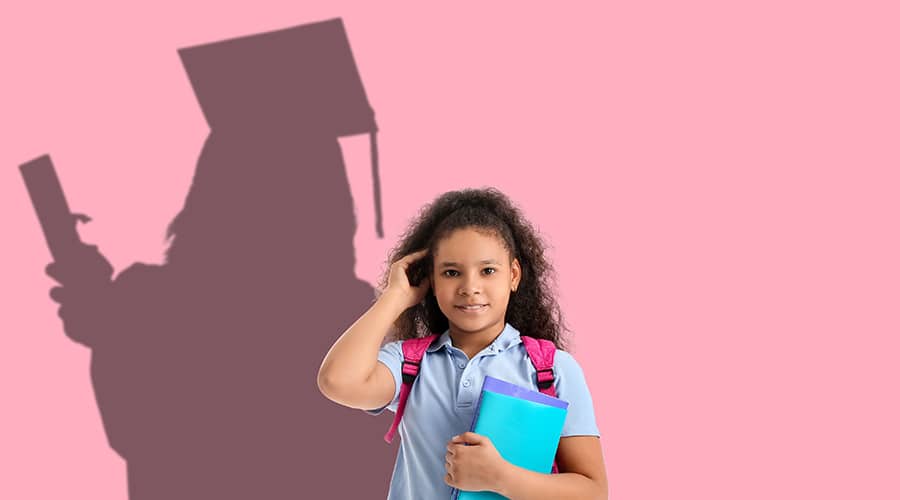Young girl studying as her parents plan for college savings